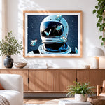 Finished astronaut helmet with blue butterflies paint by numbers artwork displayed as home decor