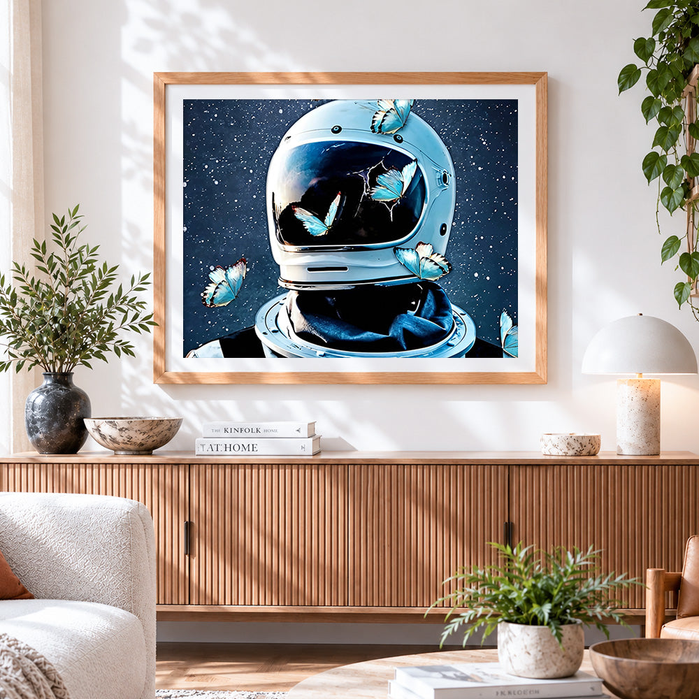 Finished astronaut helmet with blue butterflies paint by numbers artwork displayed as home decor