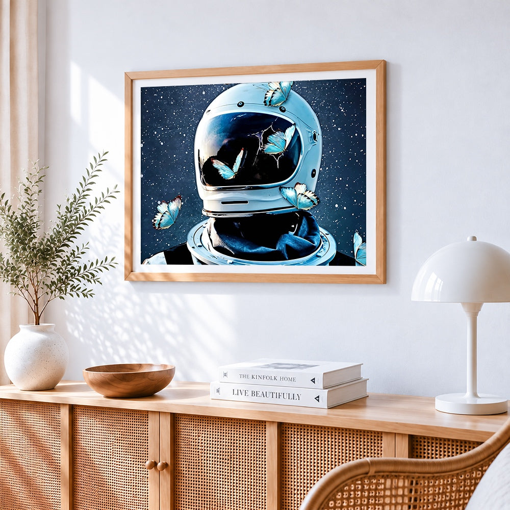 Astronaut helmet with blue butterflies paint by numbers artwork displayed on wall as home decor