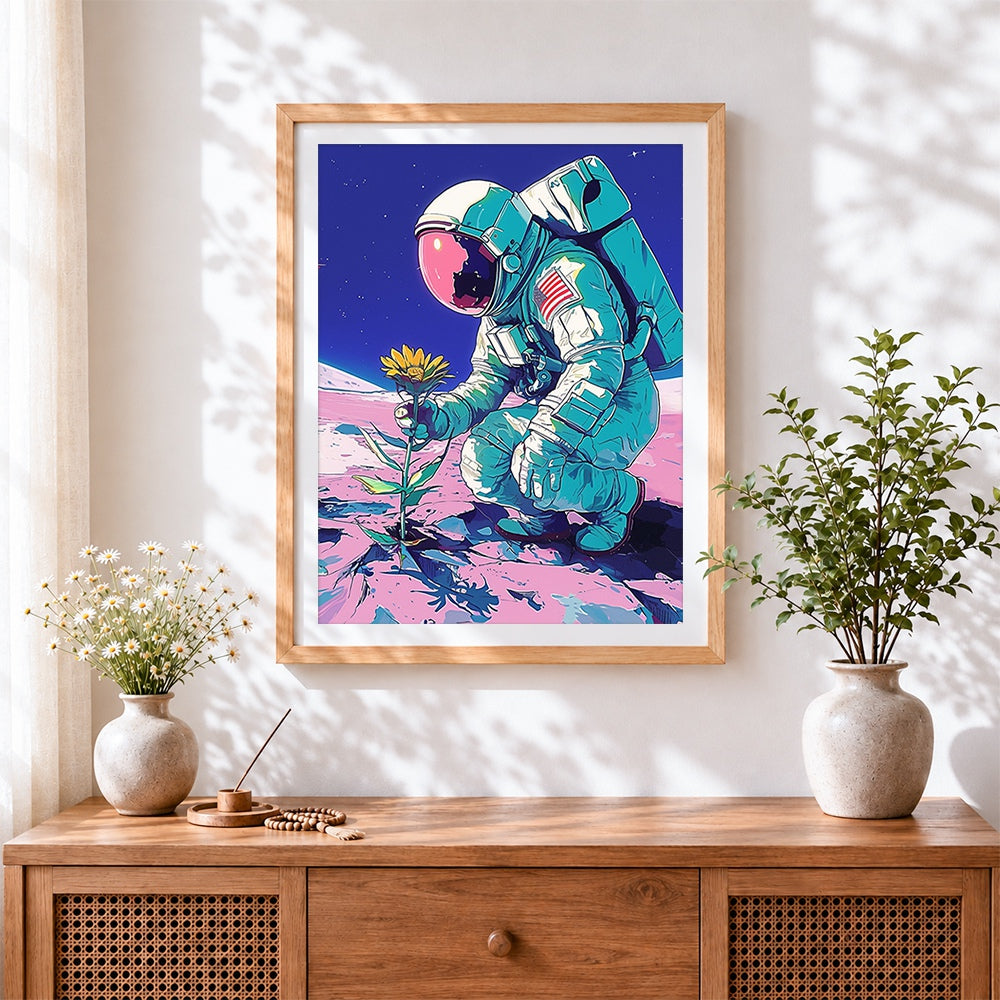 Finished astronaut holding a sunflower cross stitch artwork displayed