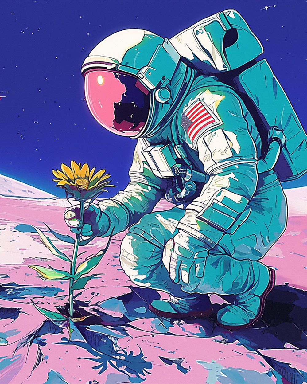 Astronaut holding a sunflower cross stitch kit for beginners