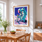 Astronaut holding a sunflower cross stitch artwork displayed on wall as home decor