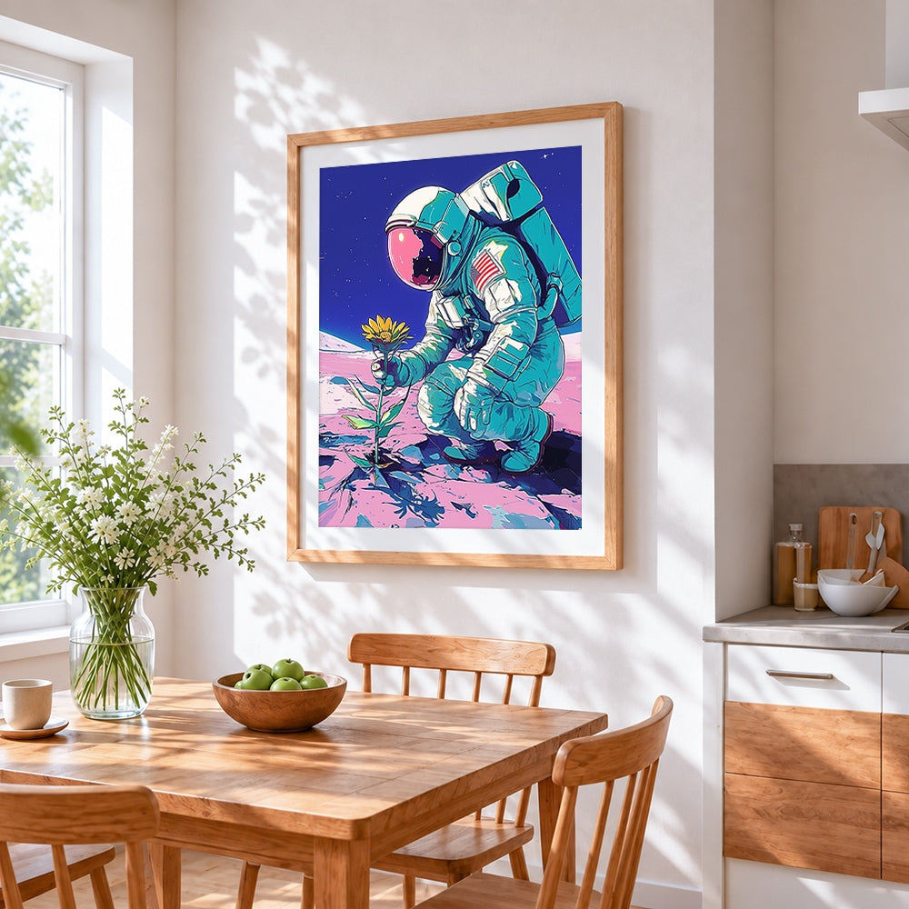 Astronaut holding a sunflower cross stitch artwork displayed on wall as home decor