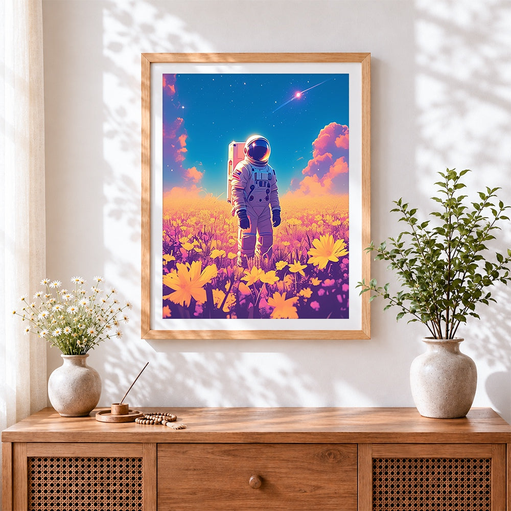 Finished astronaut in a field of flowers cross stitch artwork displayed