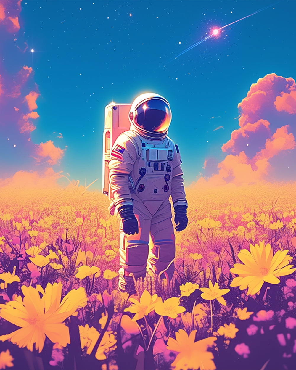 Astronaut in a field of flowers cross stitch kit for beginners