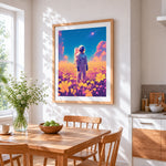 Astronaut in a field of flowers cross stitch artwork displayed on wall as home decor
