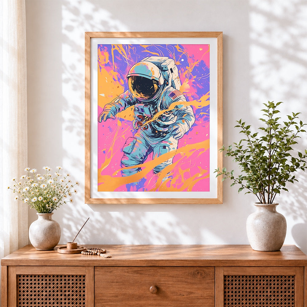 Finished astronaut in orange splatter cross stitch artwork displayed