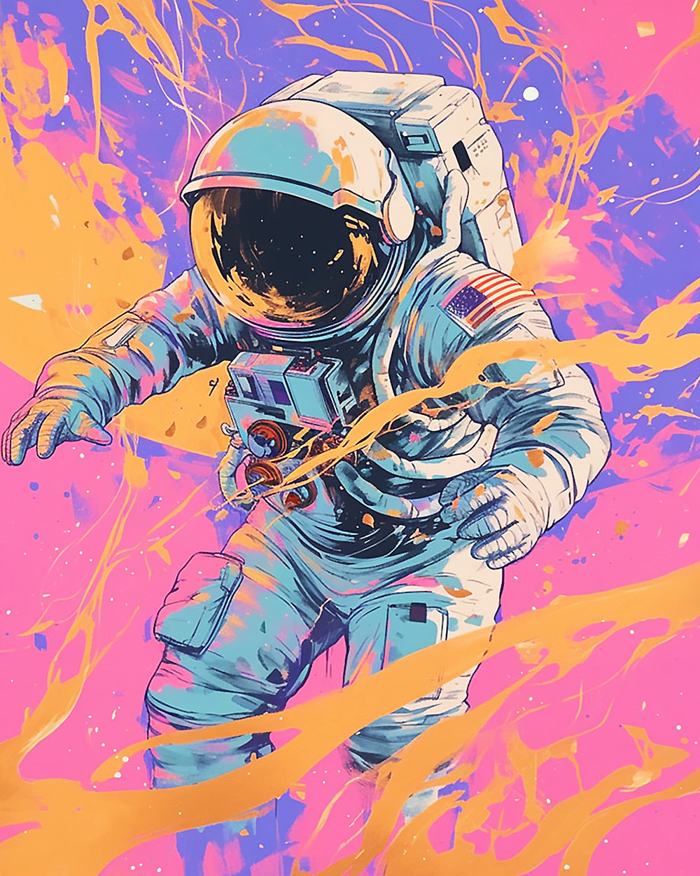Astronaut in orange splatter cross stitch kit for beginners