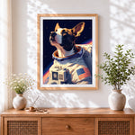 Finished astronaut jack russell terrier cross stitch artwork displayed