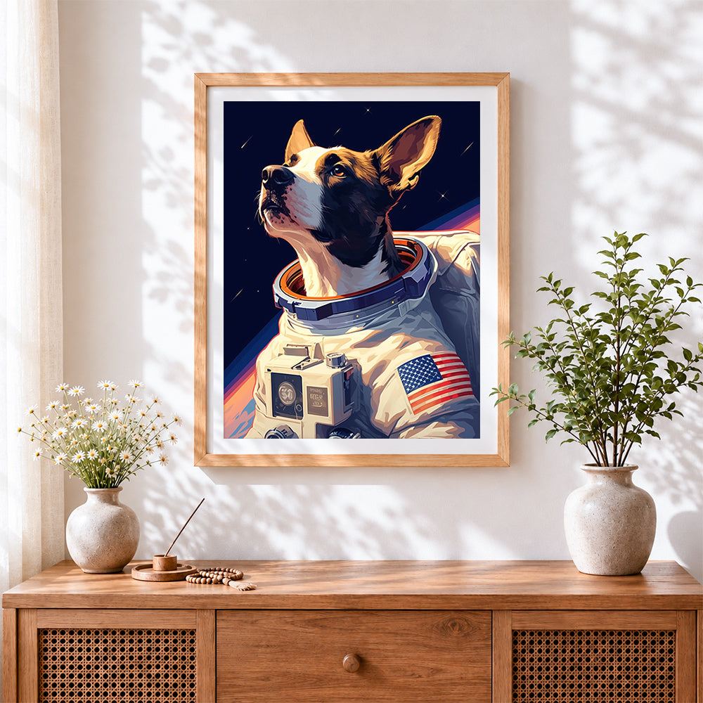Finished astronaut jack russell terrier cross stitch artwork displayed