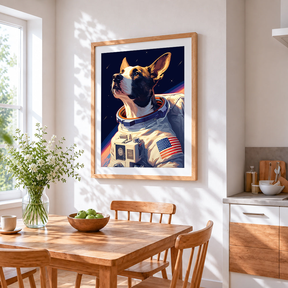Astronaut jack russell terrier cross stitch artwork displayed on wall as home decor