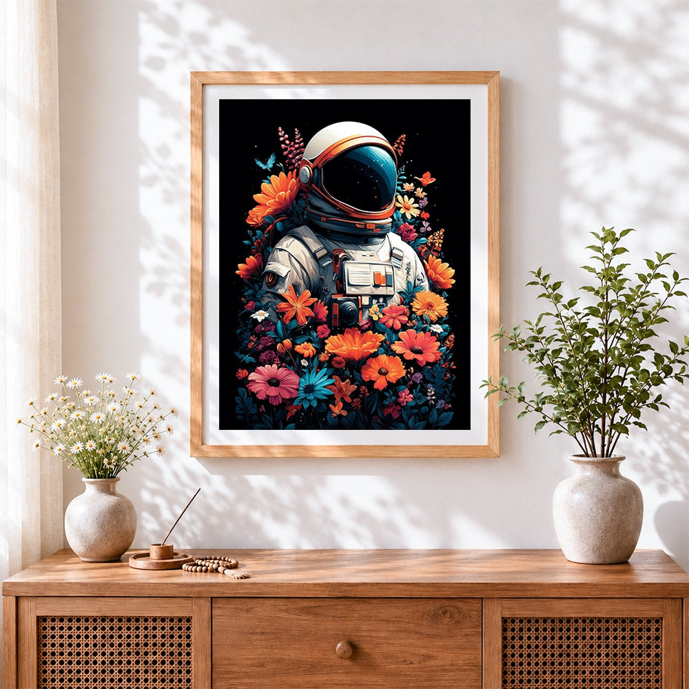 Finished astronaut surrounded by flowers cross stitch artwork displayed