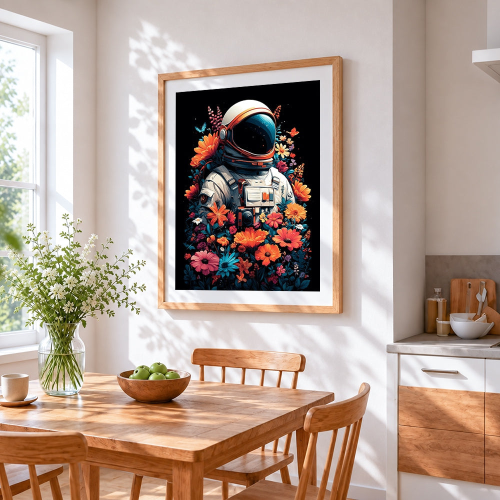Astronaut surrounded by flowers cross stitch artwork displayed on wall as home decor