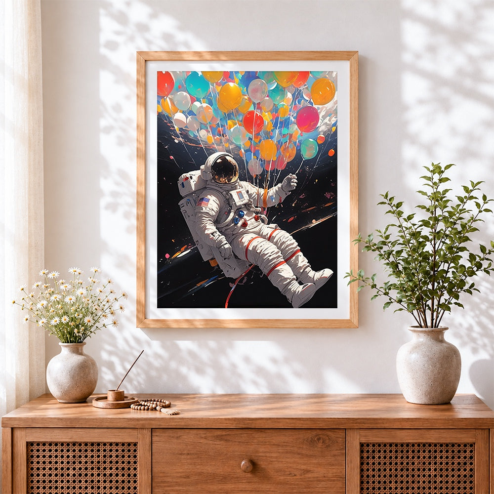 Finished astronaut with colourful balloons cross stitch artwork displayed