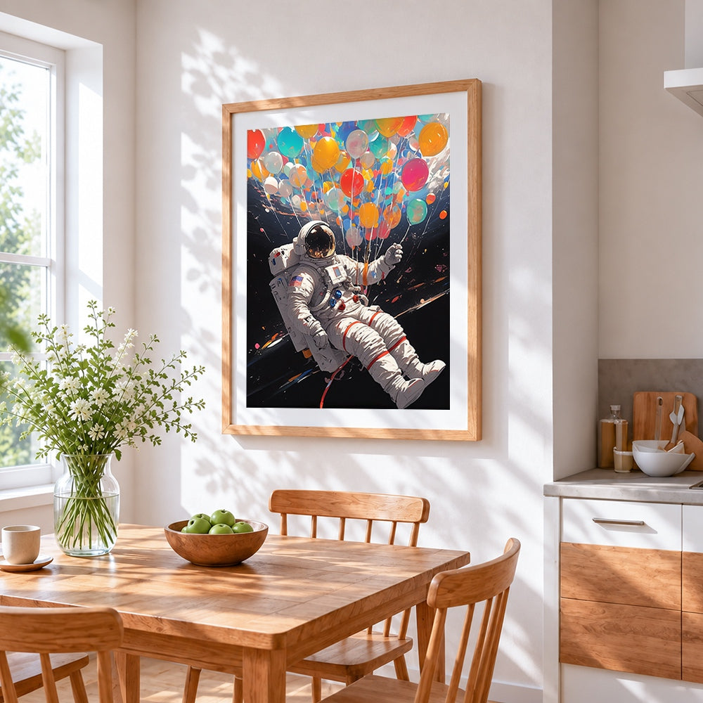 Astronaut with colourful balloons cross stitch artwork displayed on wall as home decor