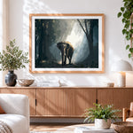Finished atmospheric elephant in forest cross stitch artwork displayed