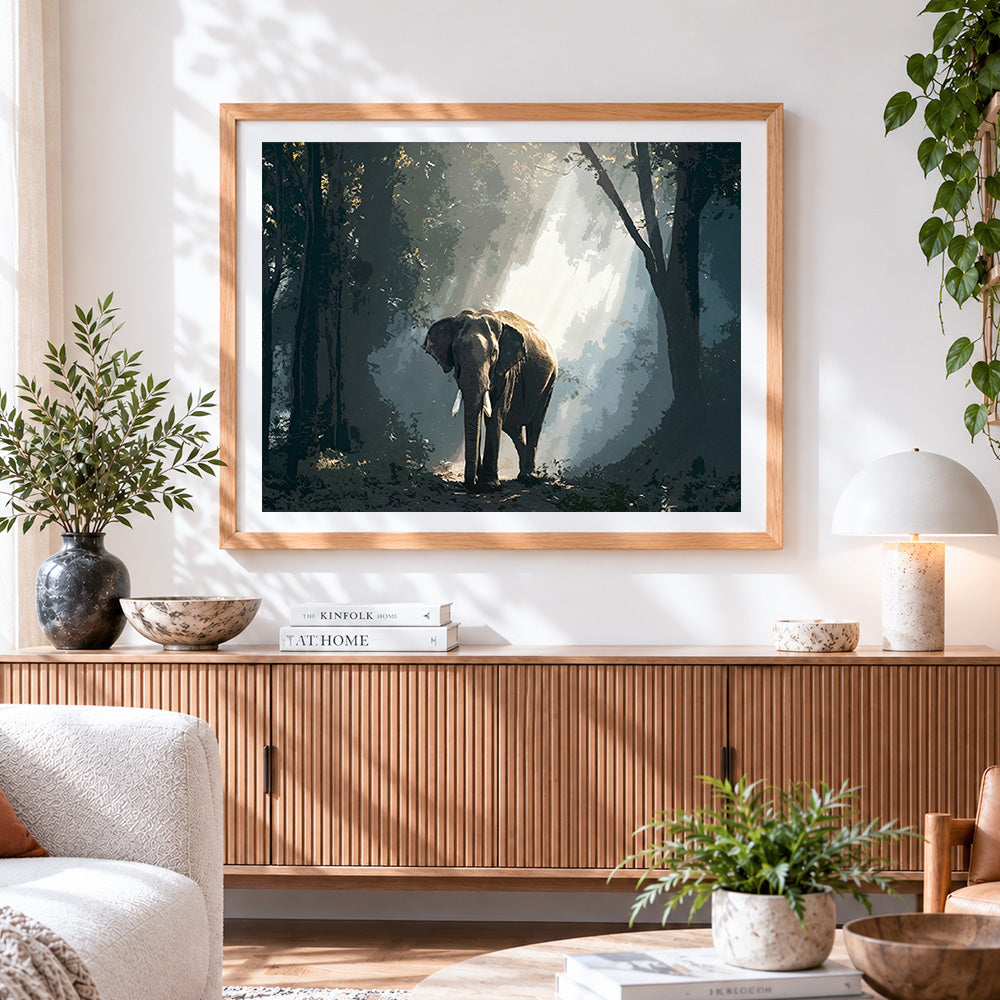Finished atmospheric elephant in forest cross stitch artwork displayed