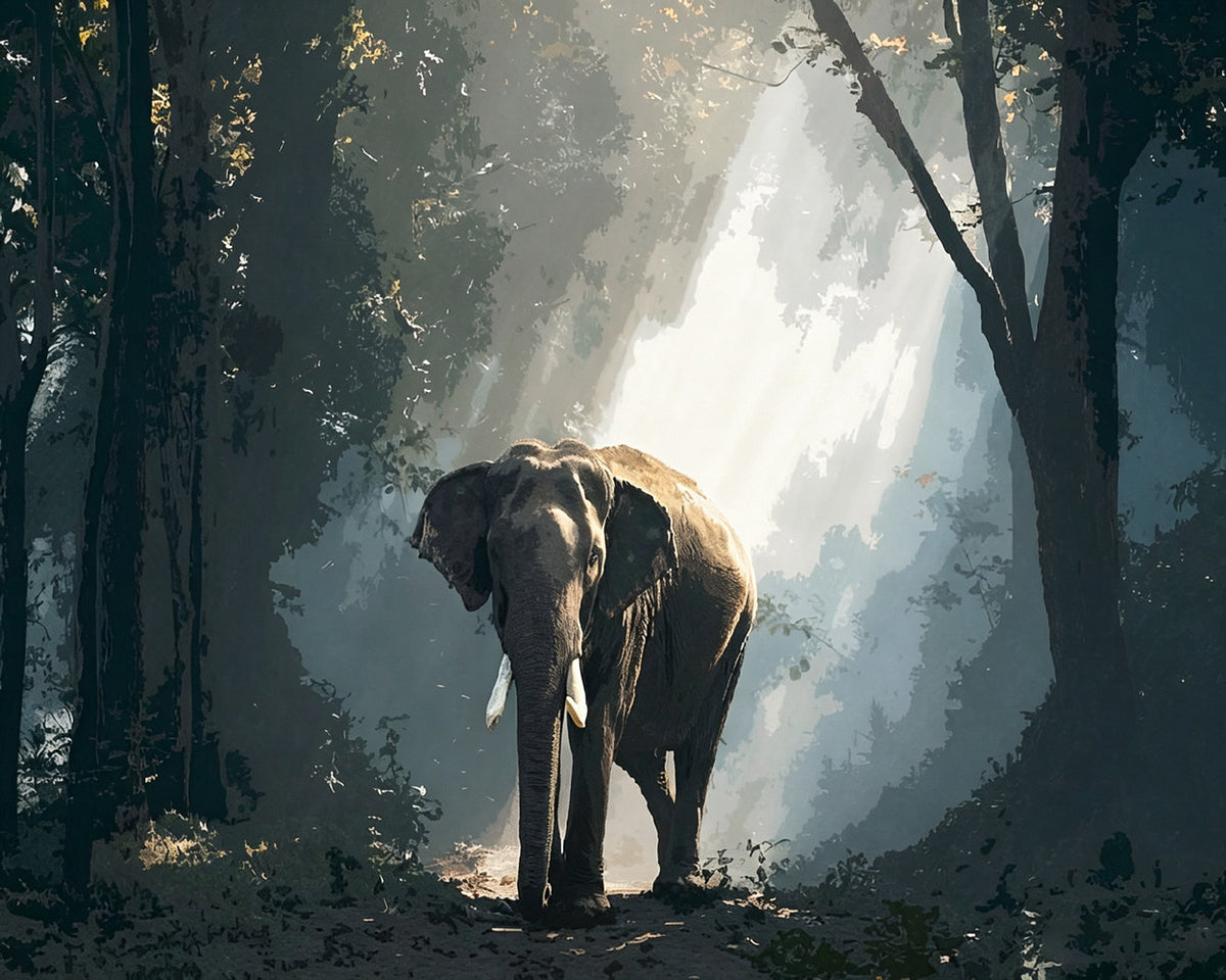Atmospheric elephant in forest cross stitch kit for beginners