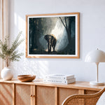 Atmospheric elephant in forest cross stitch artwork displayed on wall as home decor