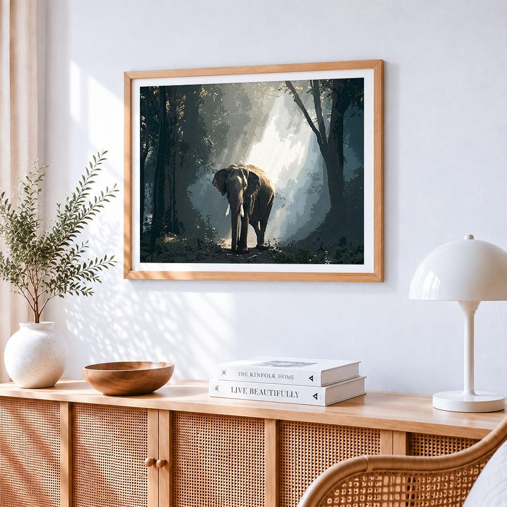 Atmospheric elephant in forest cross stitch artwork displayed on wall as home decor