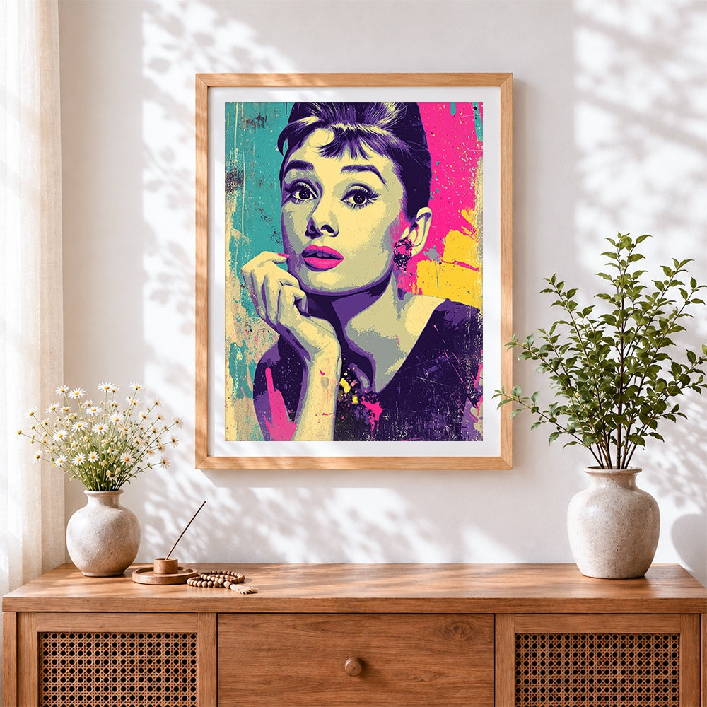 Finished audrey hepburn pop art cross stitch artwork displayed