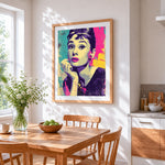 Audrey hepburn pop art cross stitch artwork displayed on wall as home decor