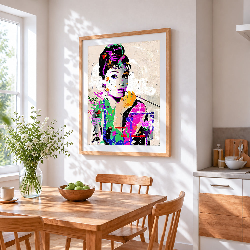 Audrey hepburn pop art portrait cross stitch artwork displayed on wall as home decor