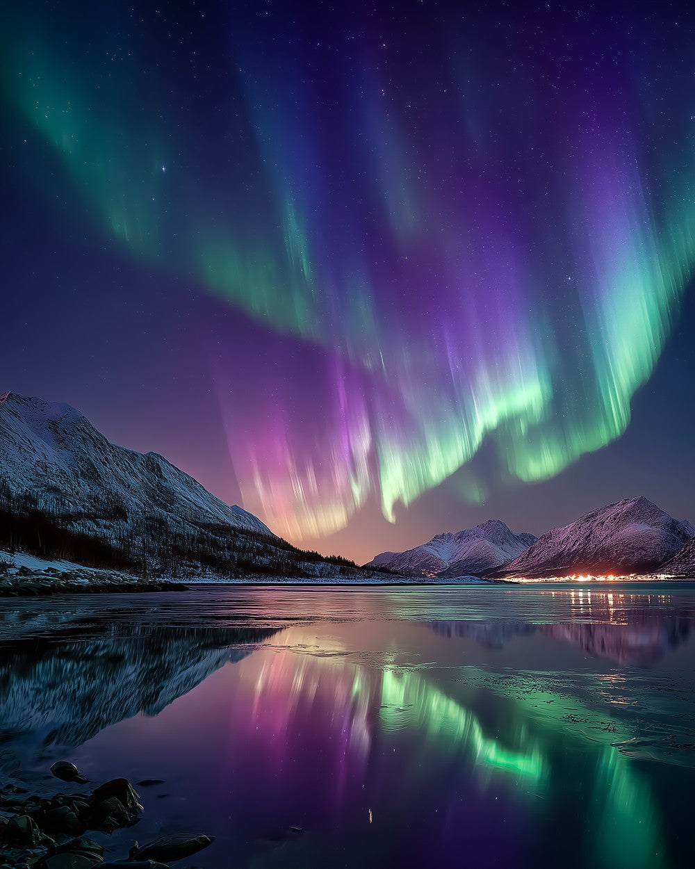Aurora borealis and mountain reflection cross stitch kit for beginners