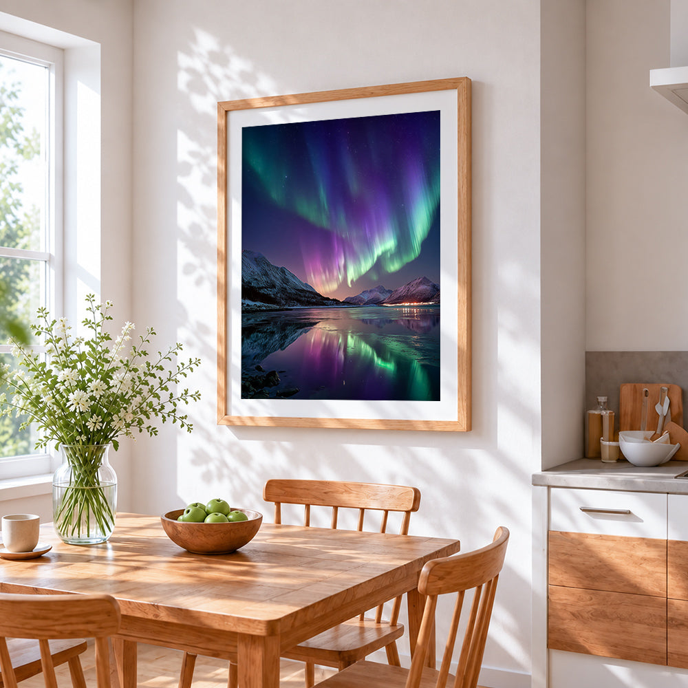 Aurora borealis and mountain reflection cross stitch artwork displayed on wall as home decor