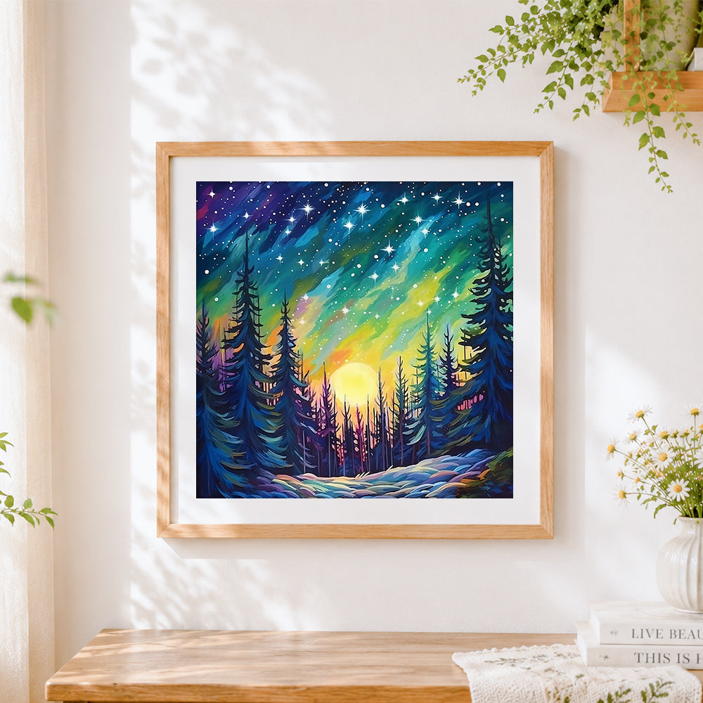 Finished aurora borealis forest cross stitch artwork displayed