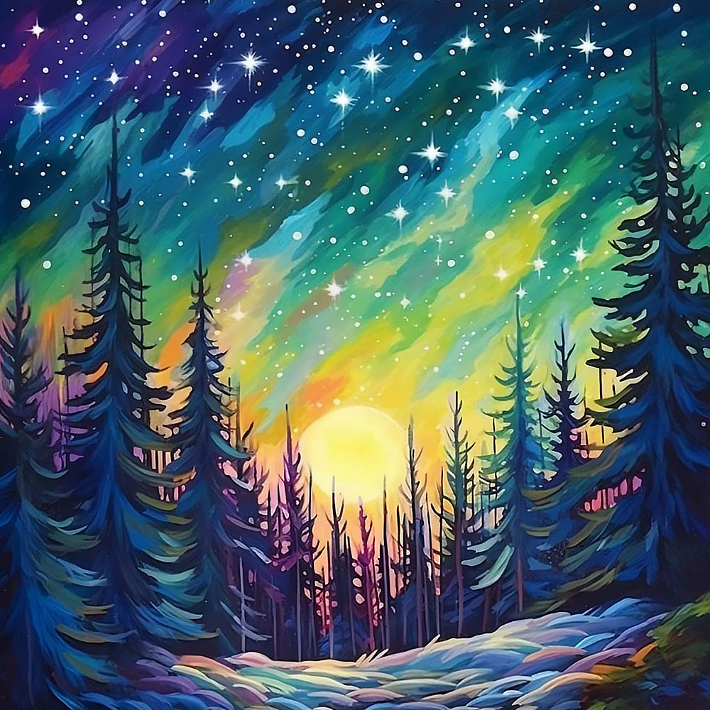 Aurora borealis forest cross stitch kit for beginners