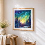 Aurora borealis forest cross stitch artwork displayed on wall as home decor