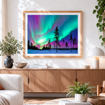 Finished aurora borealis over snowy forest paint by numbers artwork displayed as home decor