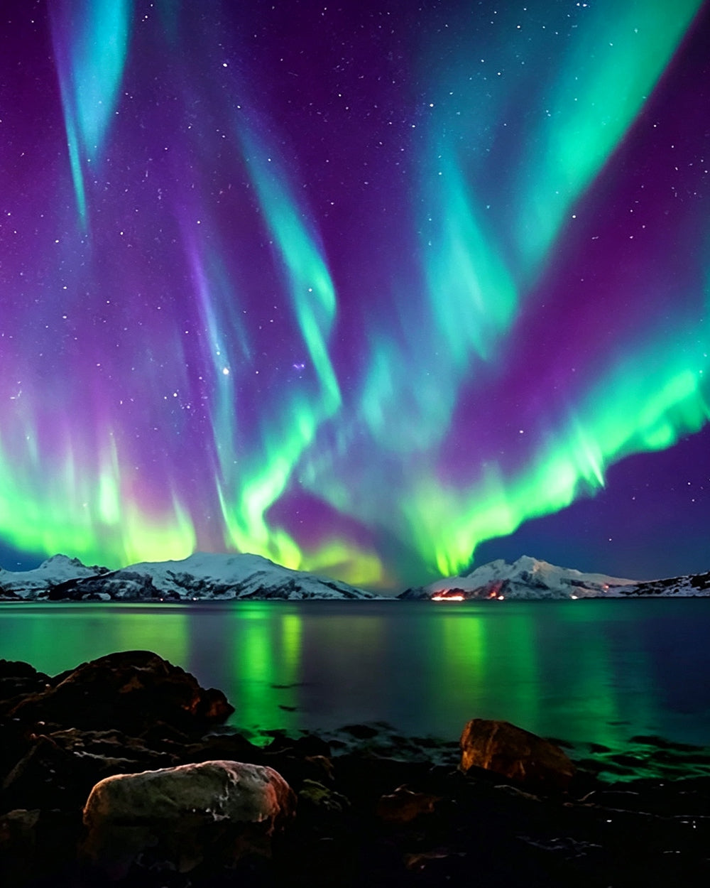 Aurora borealis over snowy mountains cross stitch kit for beginners