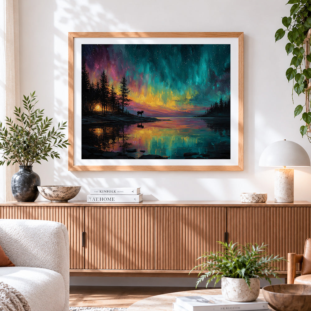 Finished aurora camping and moose cross stitch artwork displayed
