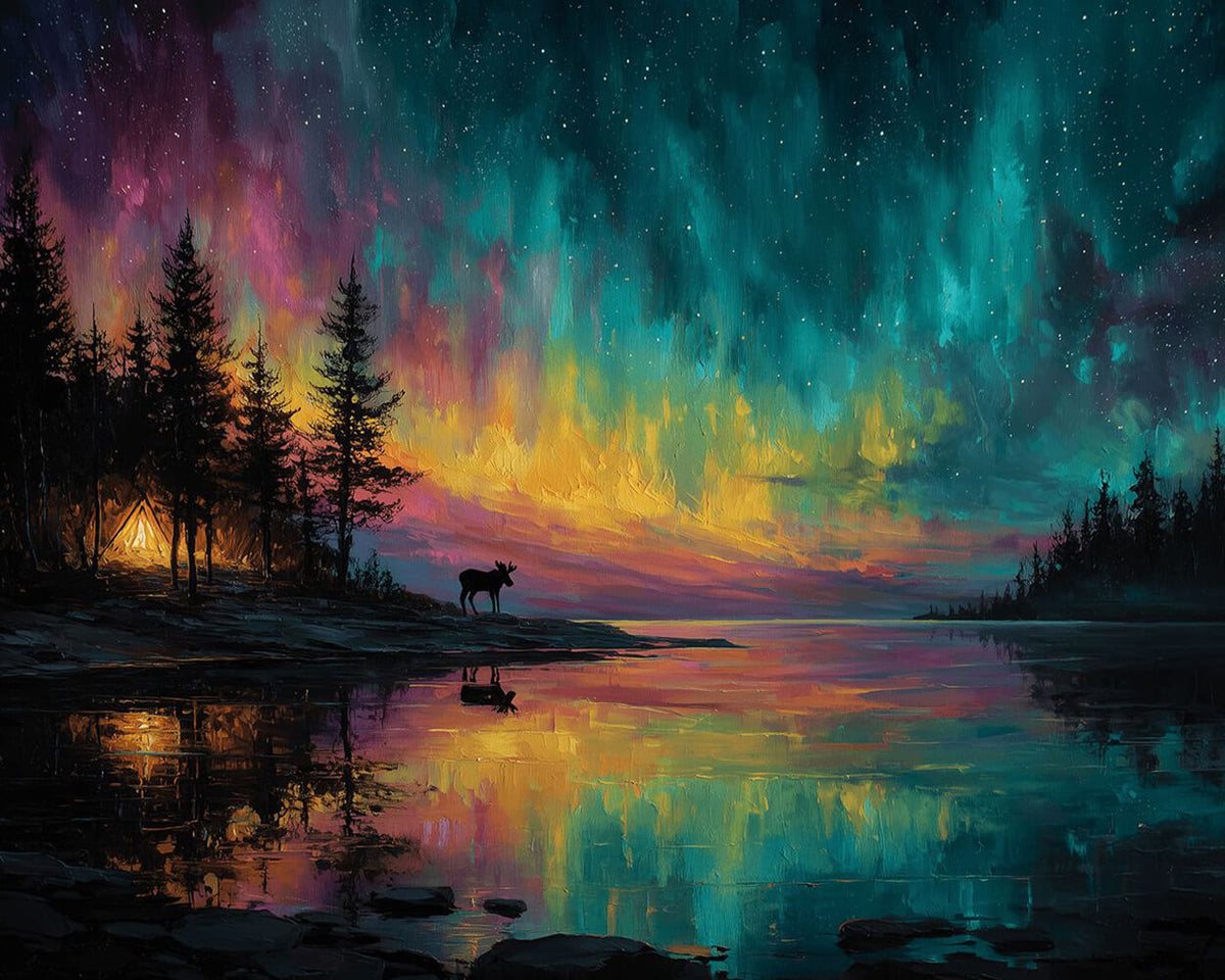 Aurora camping and moose cross stitch kit for beginners
