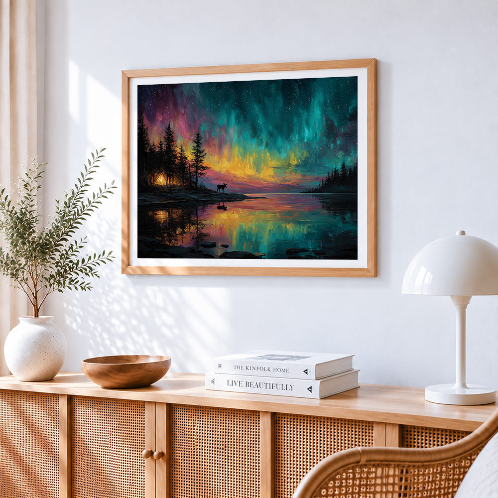 Aurora camping and moose paint by numbers artwork displayed on wall as home decor