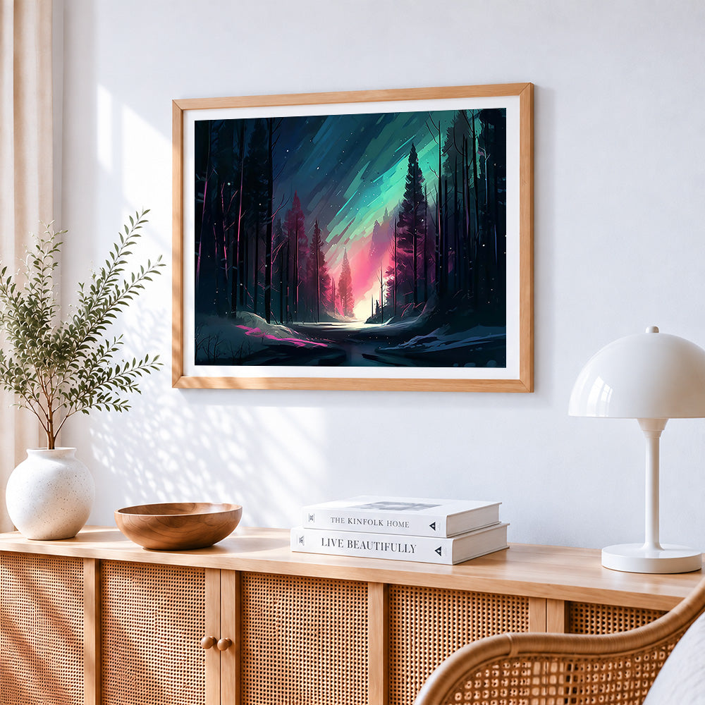 Aurora forest path cross stitch artwork displayed on wall as home decor