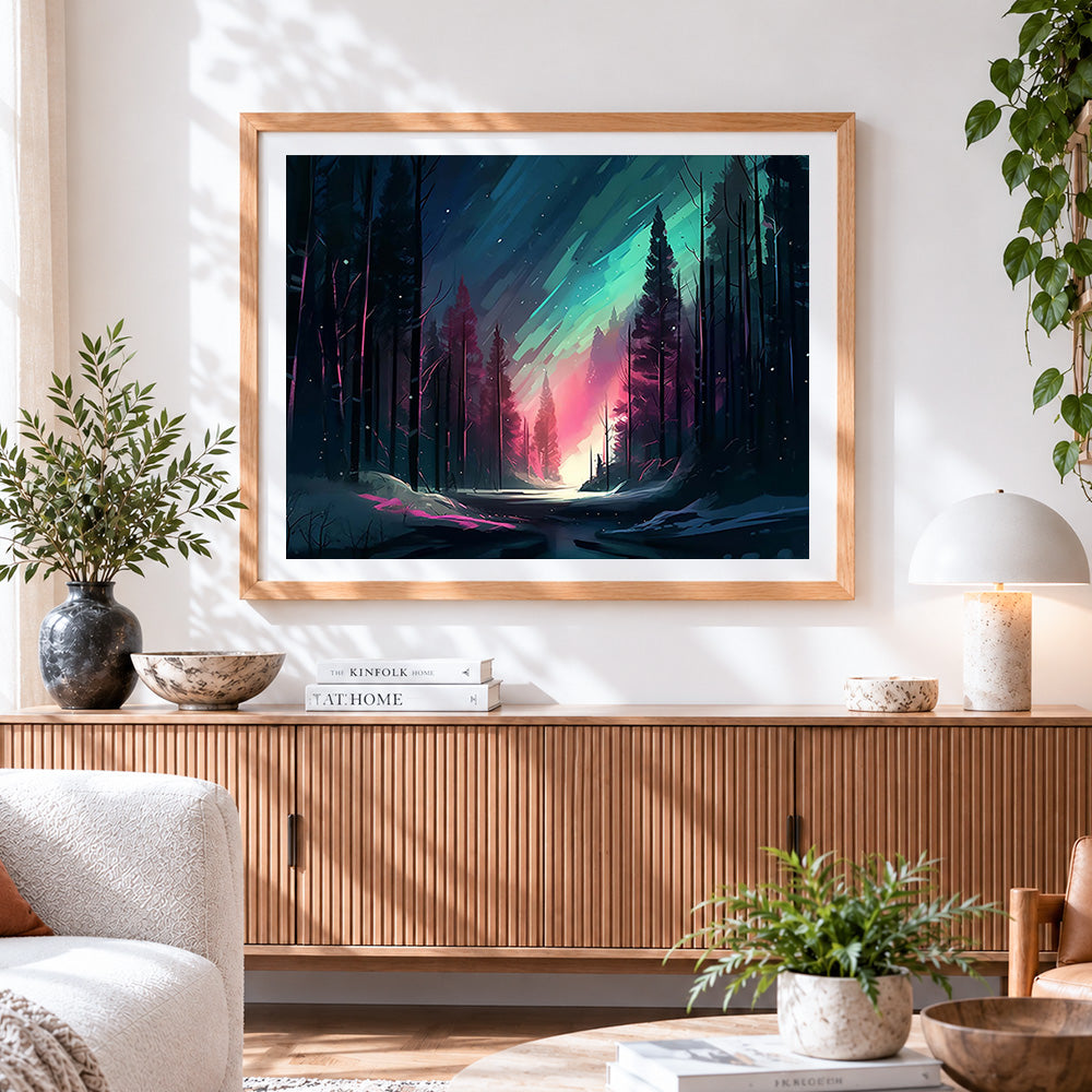 Finished aurora forest path paint by numbers artwork displayed as home decor