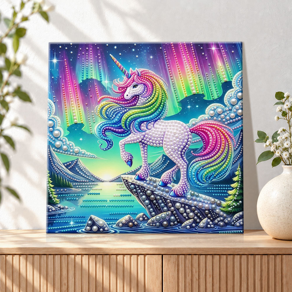 Finished aurora rainbow unicorn pearl diamond painting artwork displayed as holiday home decor