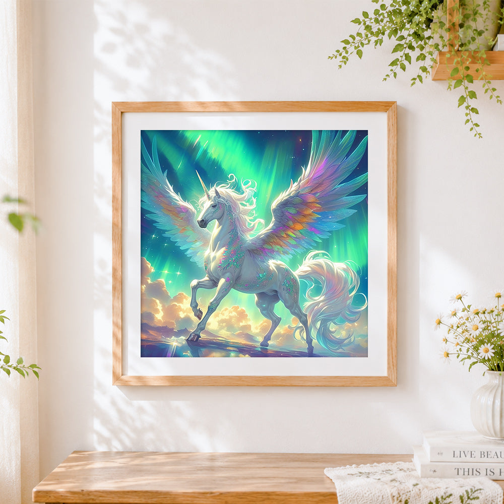 Finished aurora winged unicorn cross stitch artwork displayed