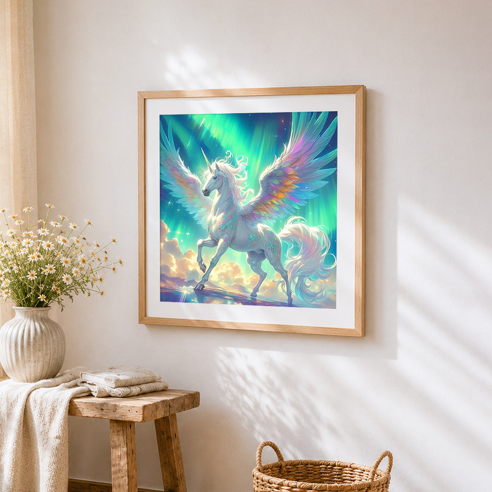 Aurora winged unicorn cross stitch artwork displayed on wall as home decor