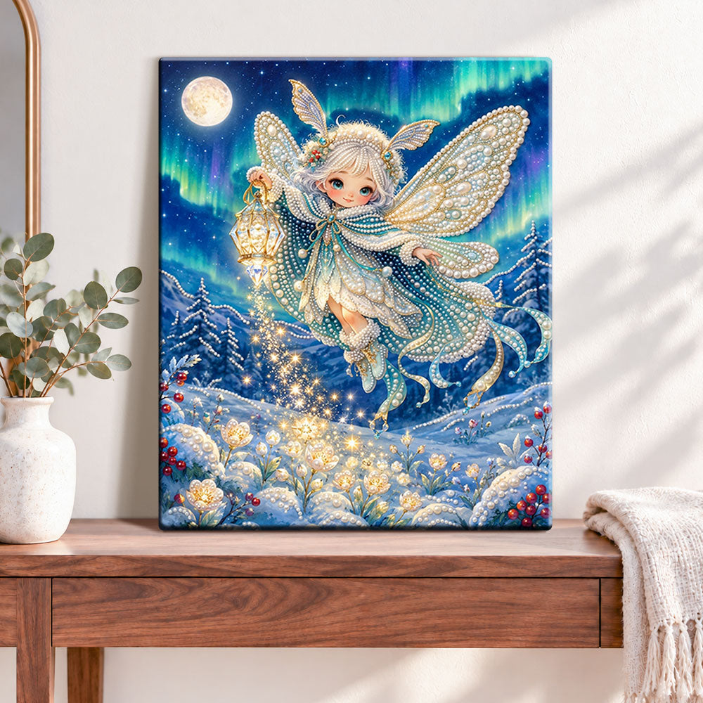Finished aurora winter fairy pearl diamond painting artwork displayed as home decor