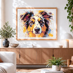 Finished australian shepherd watercolour portrait cross stitch artwork displayed