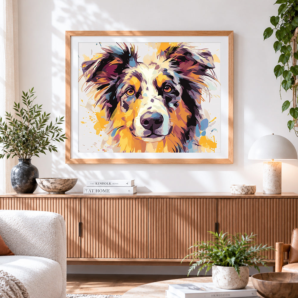 Finished australian shepherd watercolour portrait paint by numbers artwork displayed as home decor