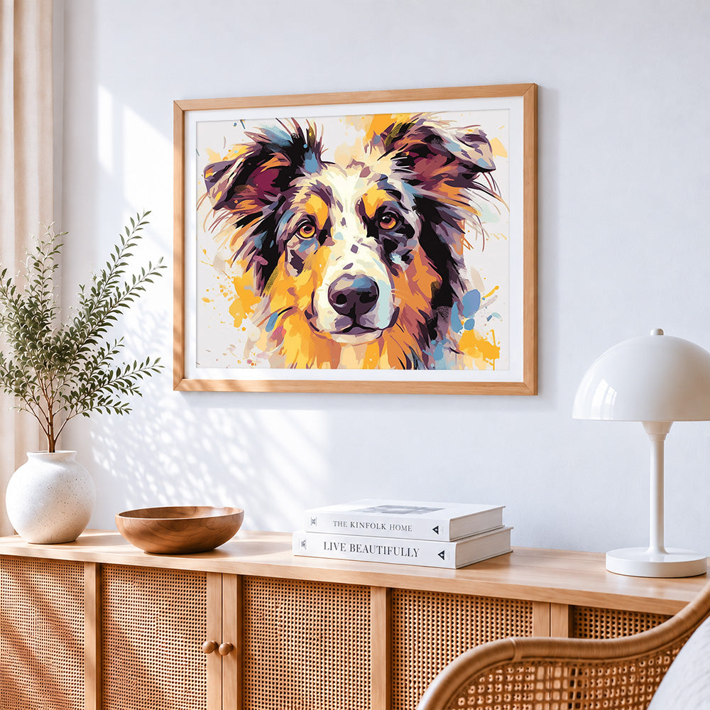 Australian shepherd watercolour portrait paint by numbers artwork displayed on wall as home decor