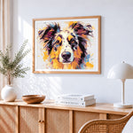 Australian shepherd watercolour portrait paint by numbers artwork displayed on wall as home decor