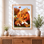 Finished autumn animals sleeping by pumpkin cross stitch artwork displayed