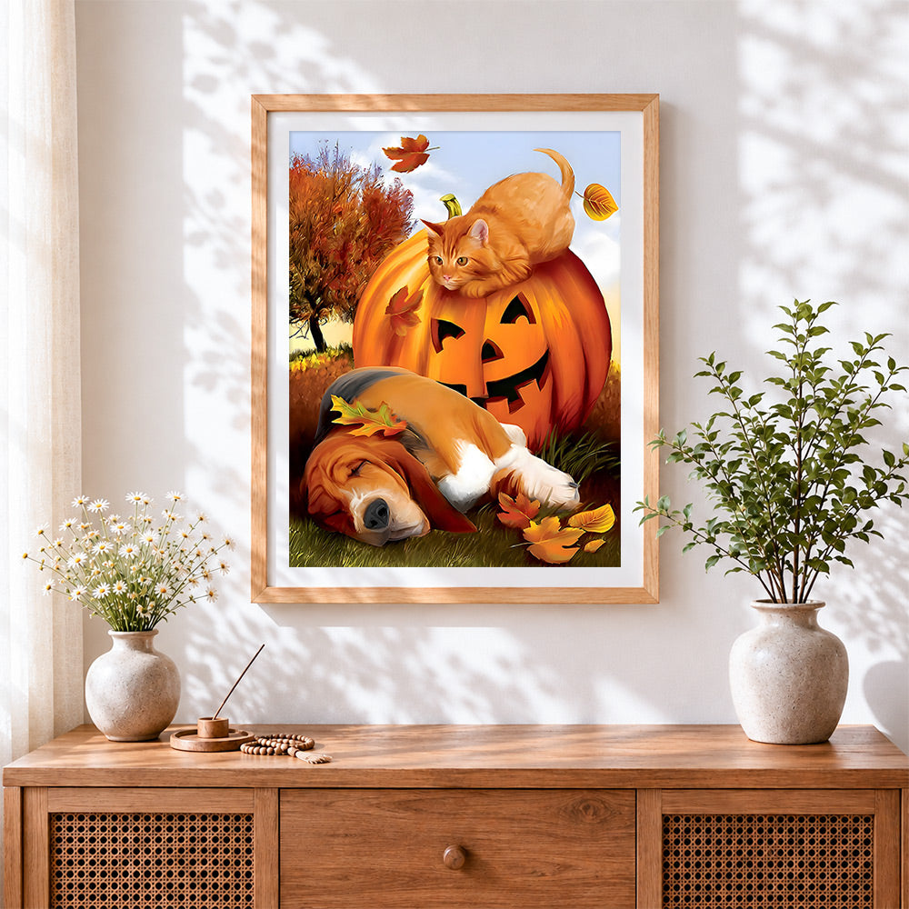 Finished autumn animals sleeping by pumpkin cross stitch artwork displayed