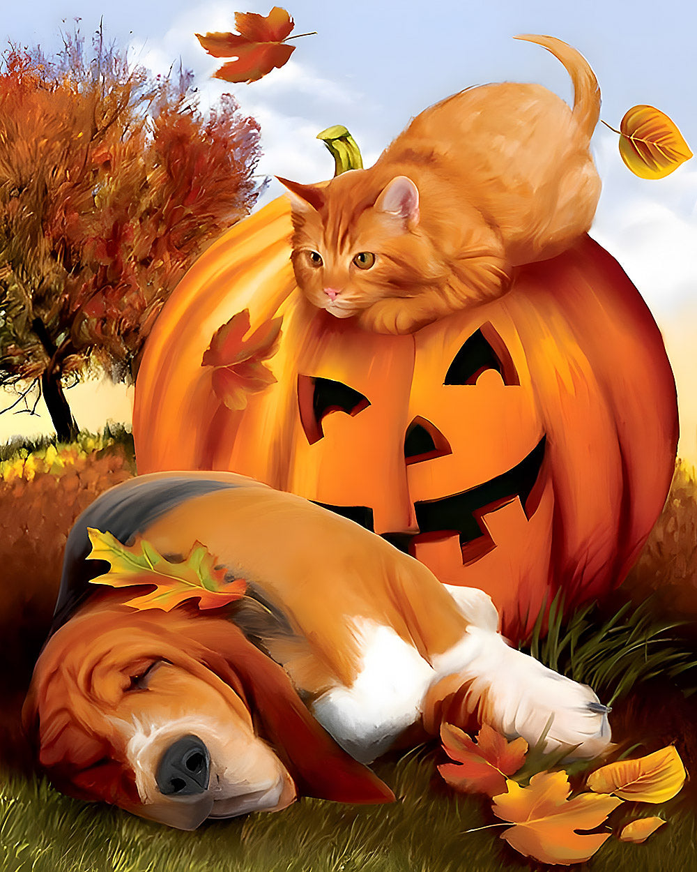 Autumn animals sleeping by pumpkin cross stitch kit for beginners